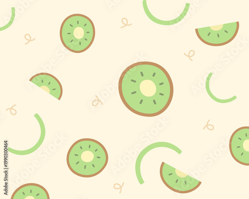 Kiwi seamless pattern. Fresh sliced kiwi fruits on soft yellow background. Bright tropical theme. Seamless vector pattern.