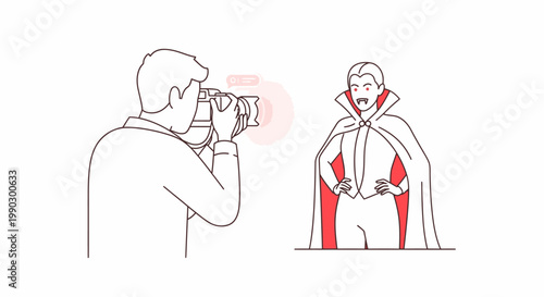 Line drawing of a photographer taking a picture of a vampire character with red accents on a white background.
