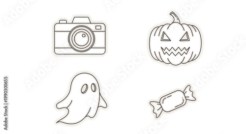 A minimalist line drawing of a ghost, jack-o-lantern, candy, and camera on a white background with a spooky and playful mood.