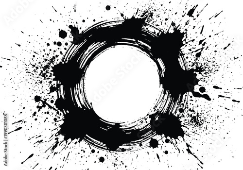 Ink splatter circle design element with black paint drops and smudges on white background for creative graphic design projects  artistic composition