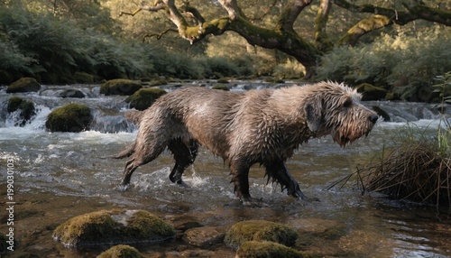 Shaggy Otterhound dog wading through a wild river in a forest, its natural hunting habitat.