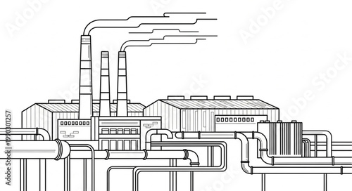 Industrial factory with smoking chimneys and pipes illustration.