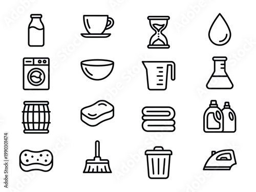 Essential household chores and cleaning line icons set for domestic tasks and home management with washing machine household cleaning domestic bathroom hourglass detergent maintenance supplies