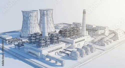 Modern industrial power plant with cooling towers and smokestacks.