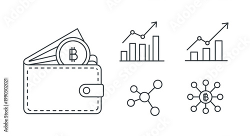 Digital currency wallet with bitcoin and financial growth charts.