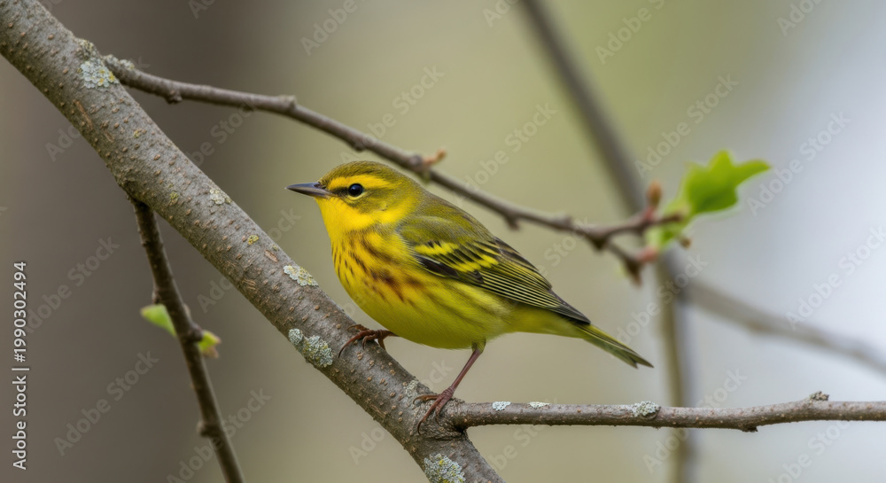 Obraz premium A vibrant yellow warbler perched delicately on a slender branch