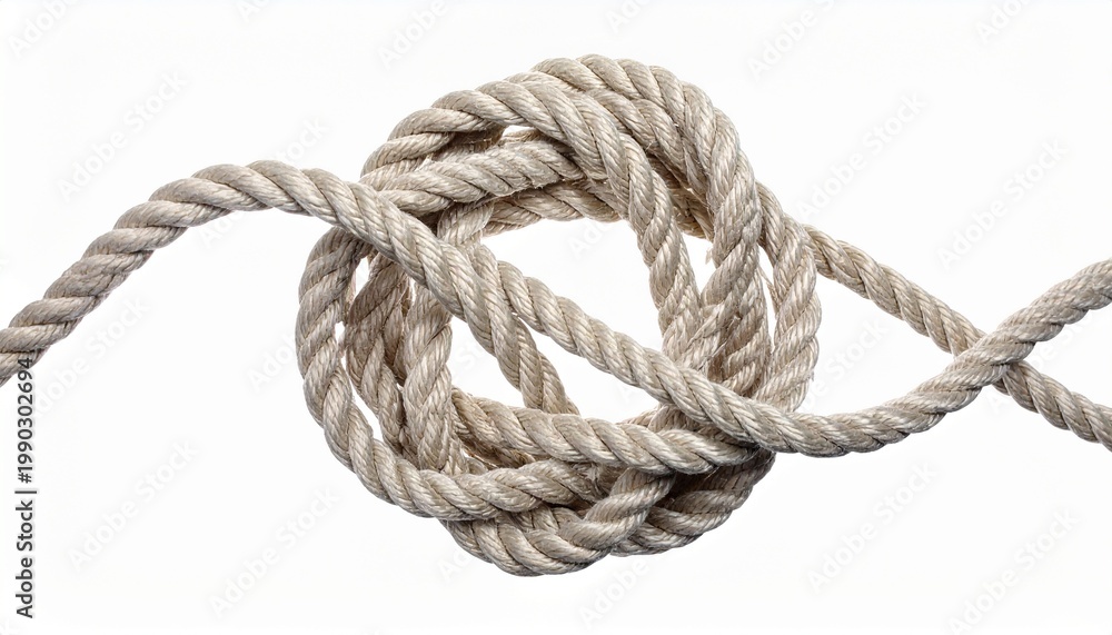 Obraz premium Knotted rope isolated on white background, problem solving and complexity concept.