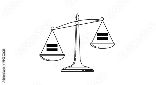 Symbolic monochrome line art of a perfectly balanced scale, each pan featuring an 'equal' sign, representing the core principles of fairness, justice, and societal equilibrium