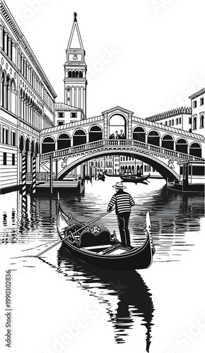 Venice cityscape with gondola and bridge, black and white illustration