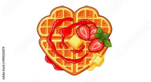 Heart-shaped waffle topped with fresh strawberries, butter, and a drizzle of red syrup, perfect for a romantic breakfast or dessert