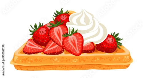 Delicious waffle topped with fresh strawberries and whipped cream, a perfect sweet treat for any occasion