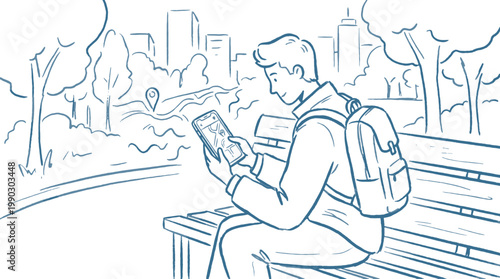 A man sitting on a bench looking at a map on his phone