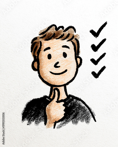 Accomplishment and Positive Thinking: Illustrated image of a person is shown with multiple check marks, symbolizing success, task completion, and achievement.