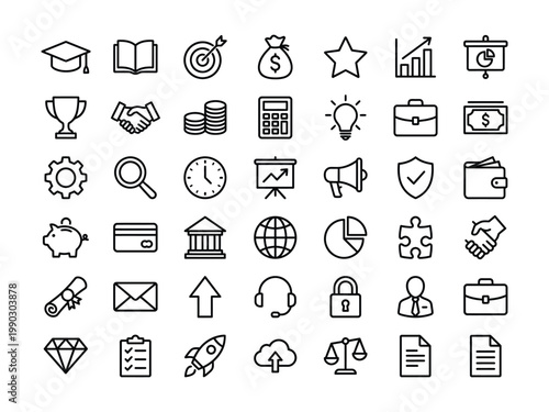 Large collection of diverse business finance educational vector icons pie chart business education learning graduation handshake calculator briefcase settings presentation megaphone