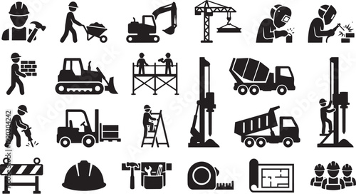 Black Silhouette Construction Site Vector Bundle – Machinery and Worker Icons