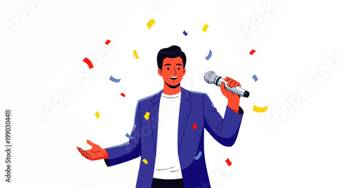 Illustration of a confident man in a suit holding a microphone with confetti falling around him