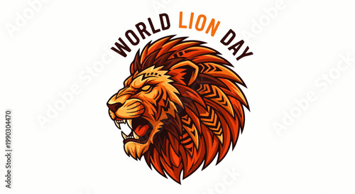 Vibrant tribal art illustration featuring a majestic roaring lion's head, celebrating the spirit of wildlife conservation and the annual World Lion Day observance