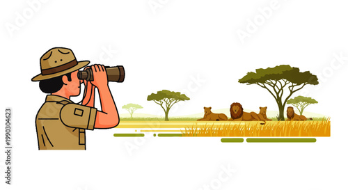 An illustration capturing the excitement of a wildlife safari, featuring an observer with binoculars spotting a family of lions relaxing in the sun-drenched savanna