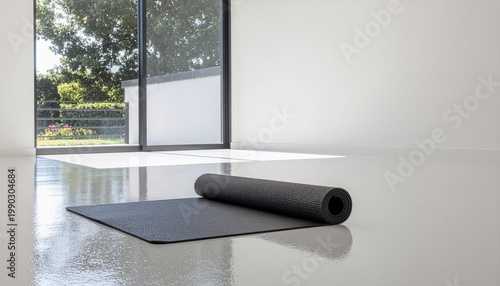 Yoga mat rolled up on a shiny floor in a bright room with a view of trees outside