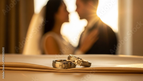 Elegant wedding bands on silk surface with out of focus bride and groom at sunset