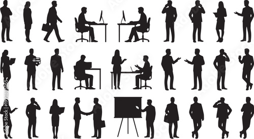 Business people silhouettes in various office activities vector set