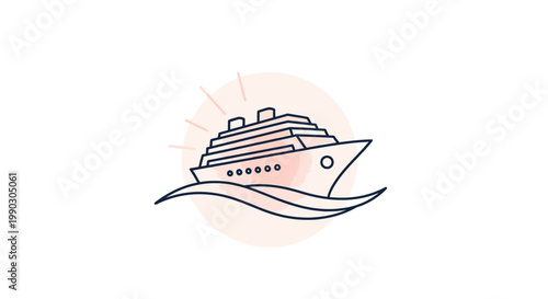 Simple line drawing of a cruise ship sailing on waves against a light pink sunburst on white background.