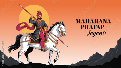Maharana Pratap Jayanti illustration with Rajput warrior riding horse holding spear against sunset background for Indian historical festival celebration
