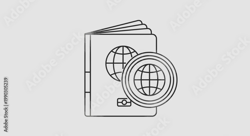 Line drawing of a passport with a magnifying glass on a plain background, highlighting global travel.