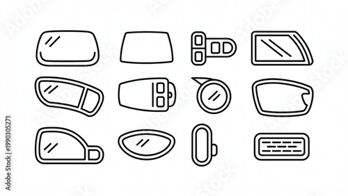 Car Window Glass Line Icon Set  Auto Windows, Windshield and Mirror Controls Collection