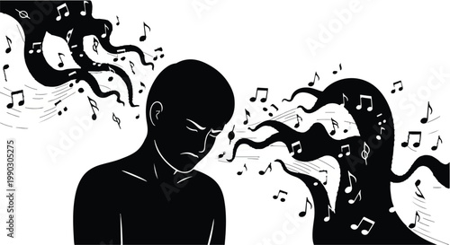 man and woman arguing with music notes coming out of their heads
