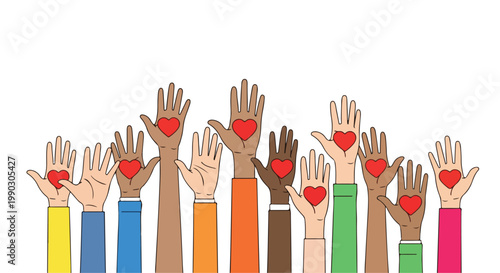 Diverse hands raised with red hearts on palms symbolizing love, unity, and community support.