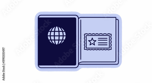 Illustration of a passport and a ticket on a white background, with a globe on the passport cover.