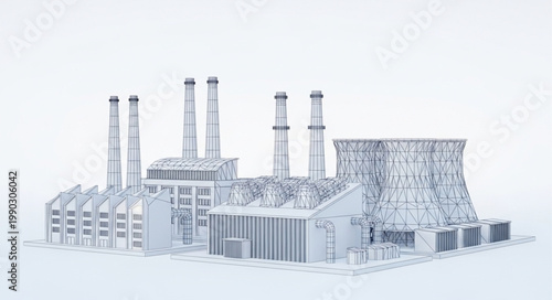 Industrial Power Plant with Cooling Towers and Chimneys.