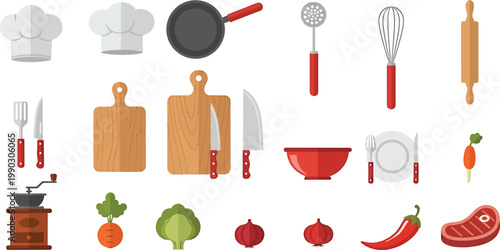 Kitchen utensils and food icons for cooking and recipe design, flat vector illustration