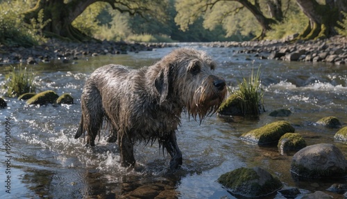 Shaggy Otterhound dog wading through a wild river in a forest, its natural hunting habitat.