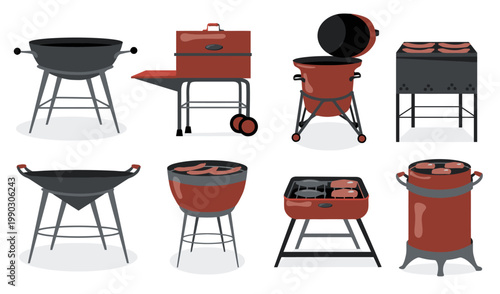 Collection of various barbecue grills and smokers in red and black on a white background.