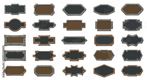 A collection of various antique-style, ornate blank frames and labels with textured borders and dark centers, suitable for game UI or decorative elements.