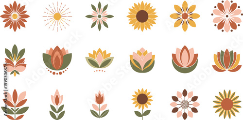 Boho Floral Icon Set with Minimal Botanical Flowers in Warm Earth Tone Colors for Modern Design, Branding, and Decorative Graphics.