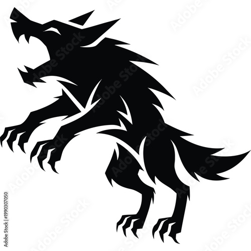 Dynamic wolf silhouette leaping in an aggressive attack pose