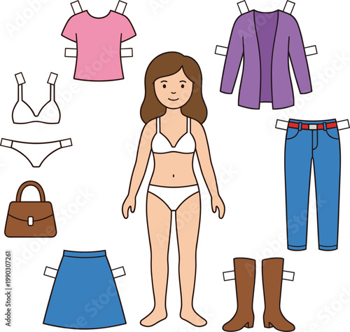 Flat Vector Paper Doll Set for Kids Featuring a Cute Girl Character with Mix-and-Match Outfits and Accessories for Creative Play and Fashion Education