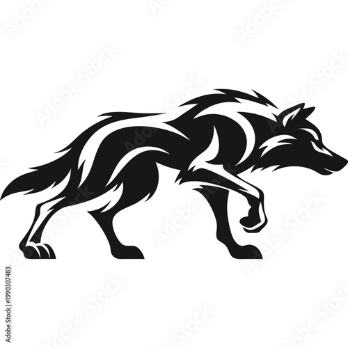 Dynamic wolf silhouette in a low, predatory stalk