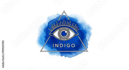 Mystical Eye Symbol with Indigo Text Inside Triangle and Blue Watercolor Splash