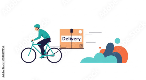 Courier riding bicycle with delivery package on white background, fast logistics service concept