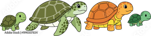 Cute turtle characters set with different colors and sizes cartoon reptile illustration isolated on white background for kids design and wildlife themes