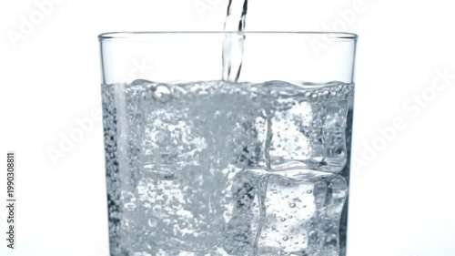 Refreshing stream of pure, clean water cascading into a crystal glass filled with sparkling ice, capturing the dynamic motion of liquid and invigorating coolness