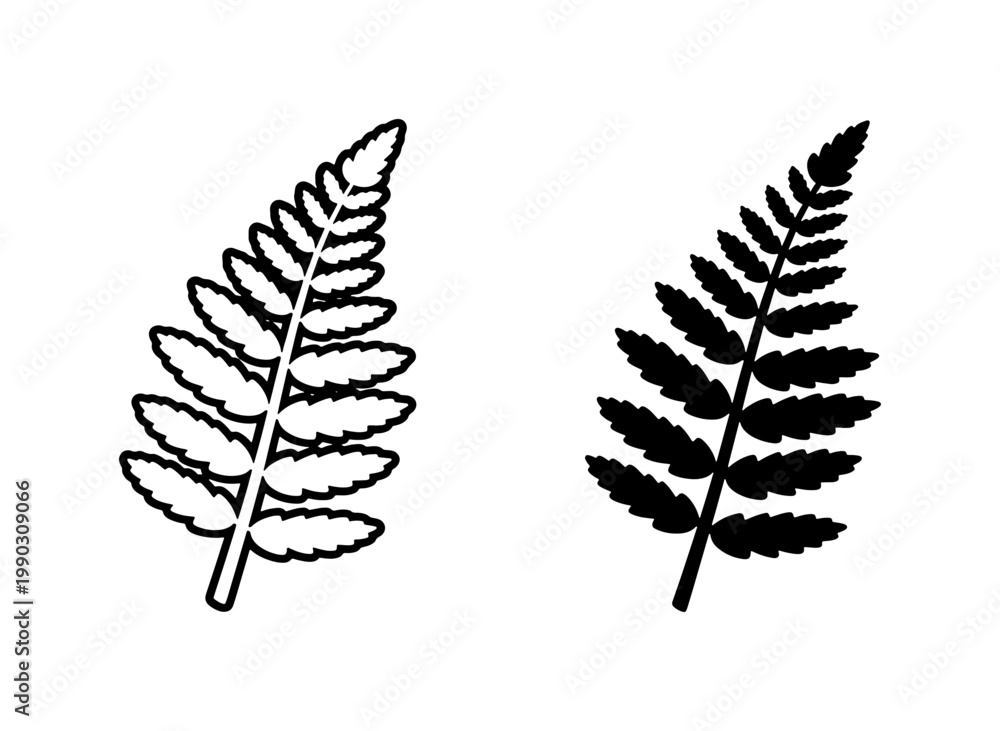 Fototapeta premium Black Fern Leaf Outline and Silhouette Vector Set