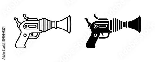 Retro Sci-Fi Raygun Icon Set in Line and Solid Style