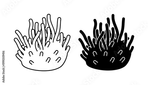 Sea Anemone Coral Reef Outline and Silhouette Icon Set