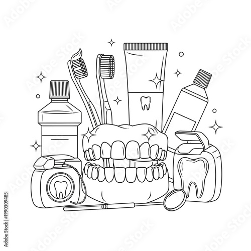Dental hygiene products arranged with teeth and a mirror illustration