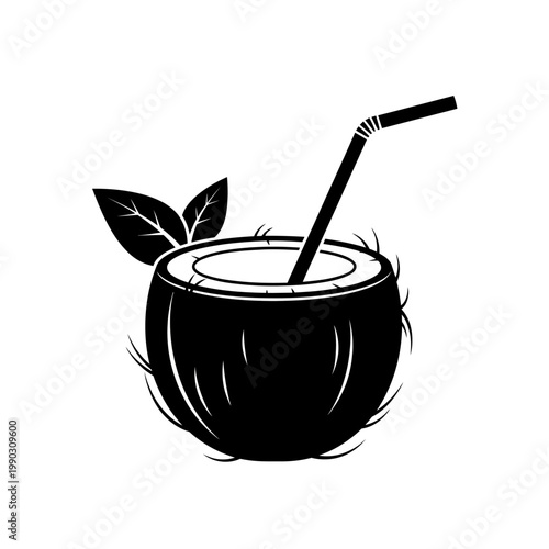 A refreshing coconut drink with a straw and green leaf garnish